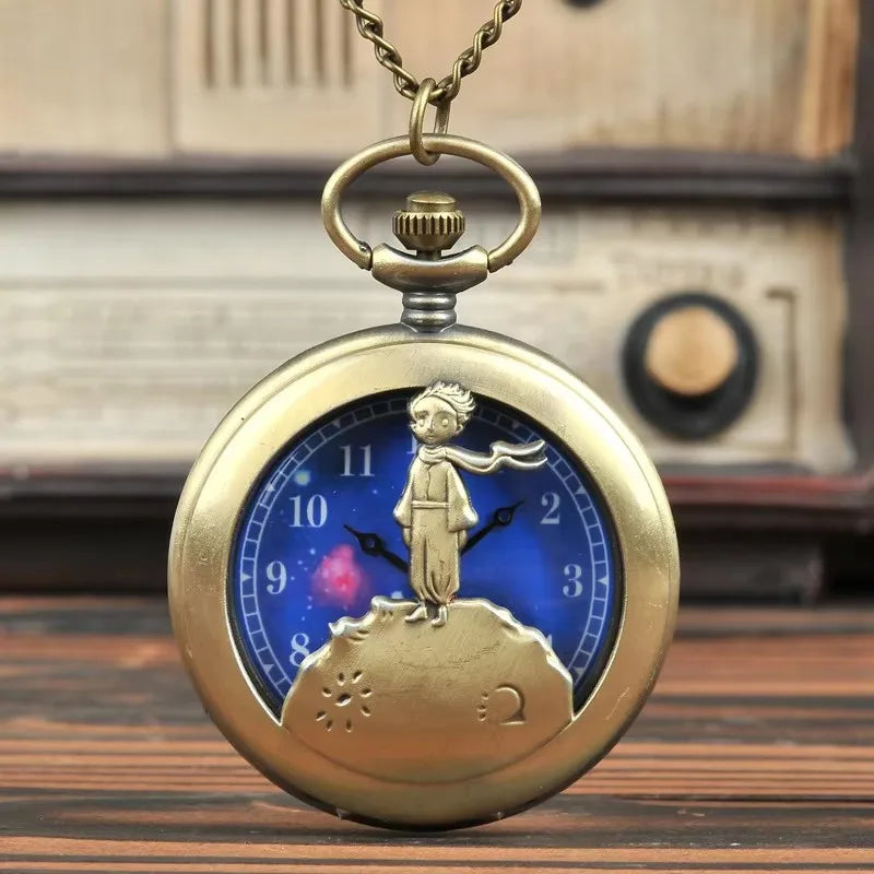 Vintage Bronze Hollow Design Little Prince Necklace Pendant Pocket Watch